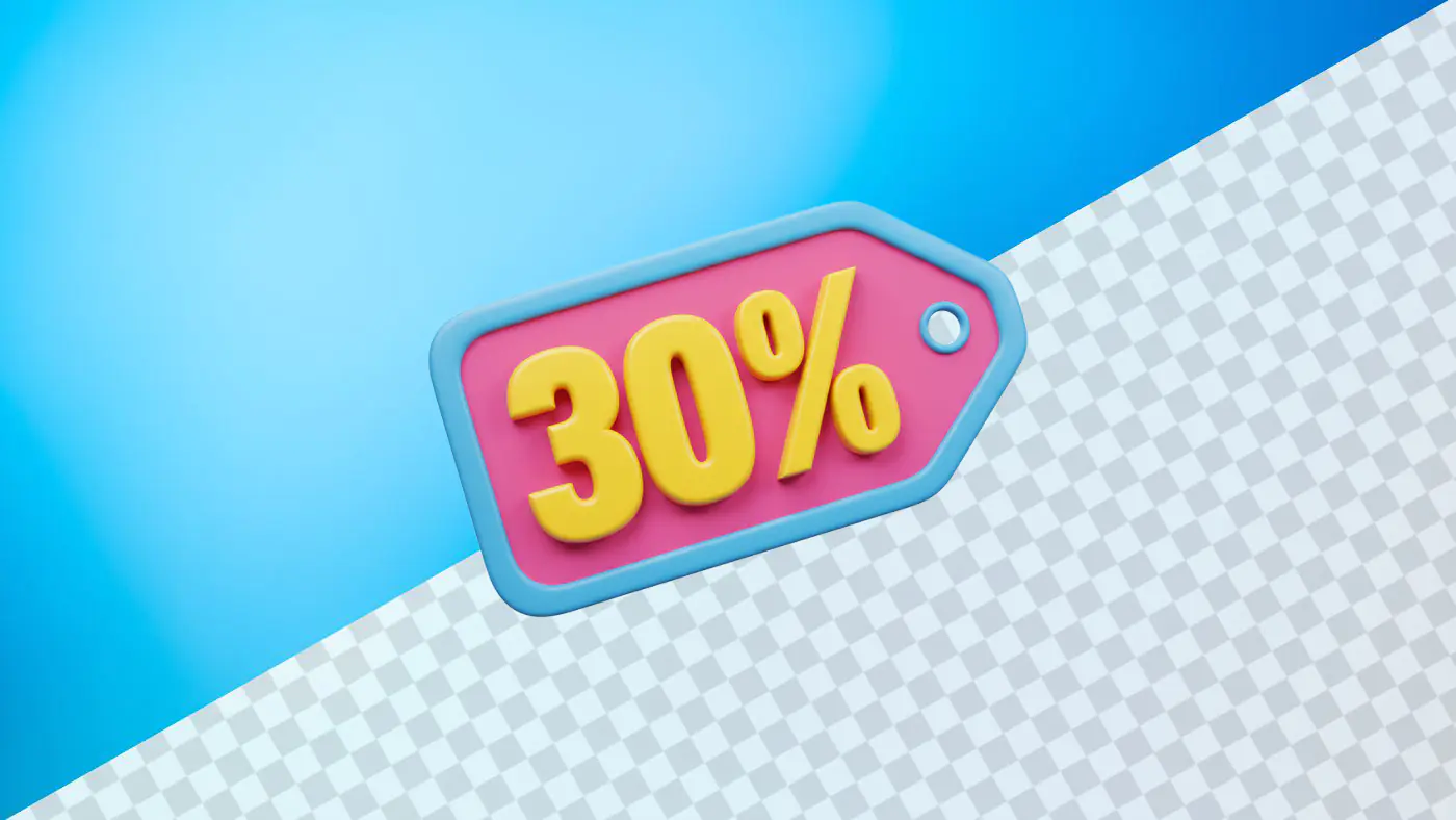Colorful thirty percent discount tag promotional icon