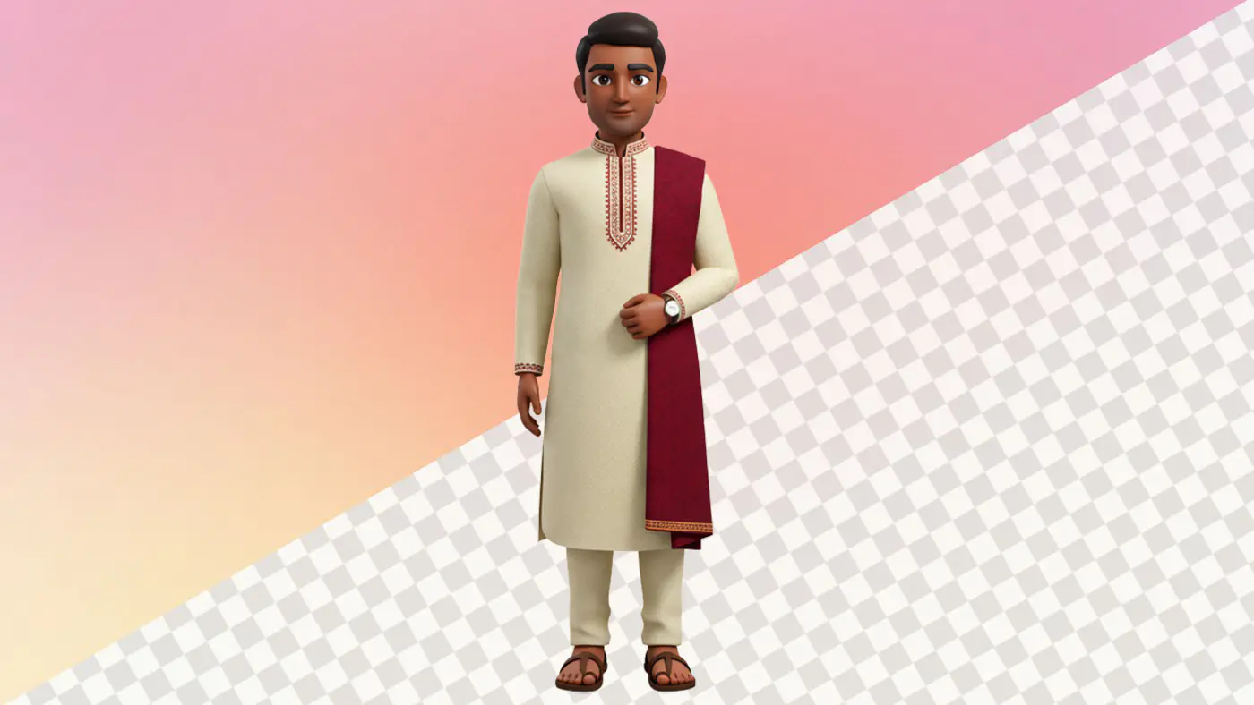 3D avatar Indian man cream kurta maroon shawl