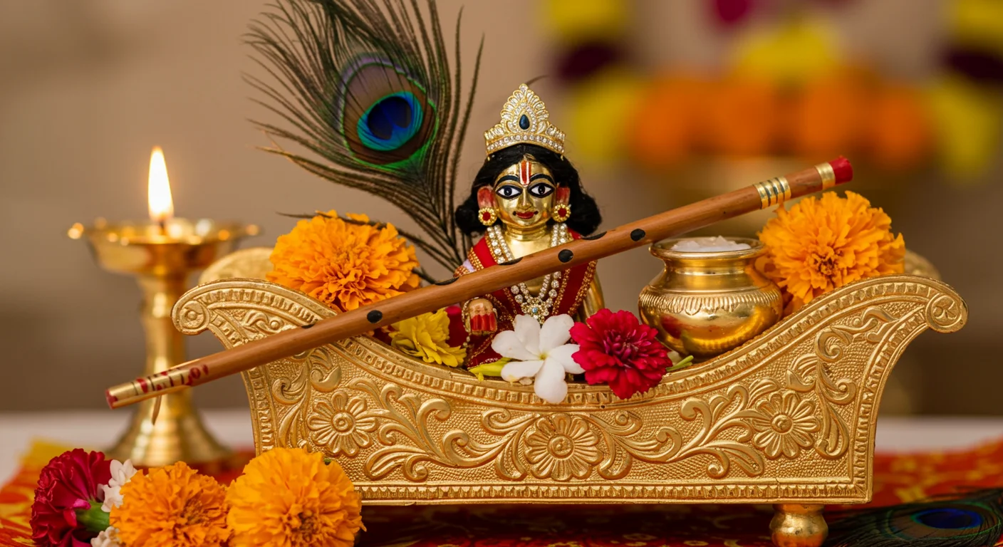 Baby Krishna on Golden Jhula with Flute, Flowers & Diya for Janmashtami | AIClips Festival Visual