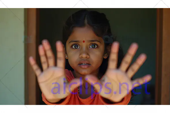 Little Girl with Hands Raised in Fear