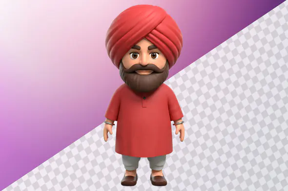 Cartoon Sikh man 3D avatar red turban kurta