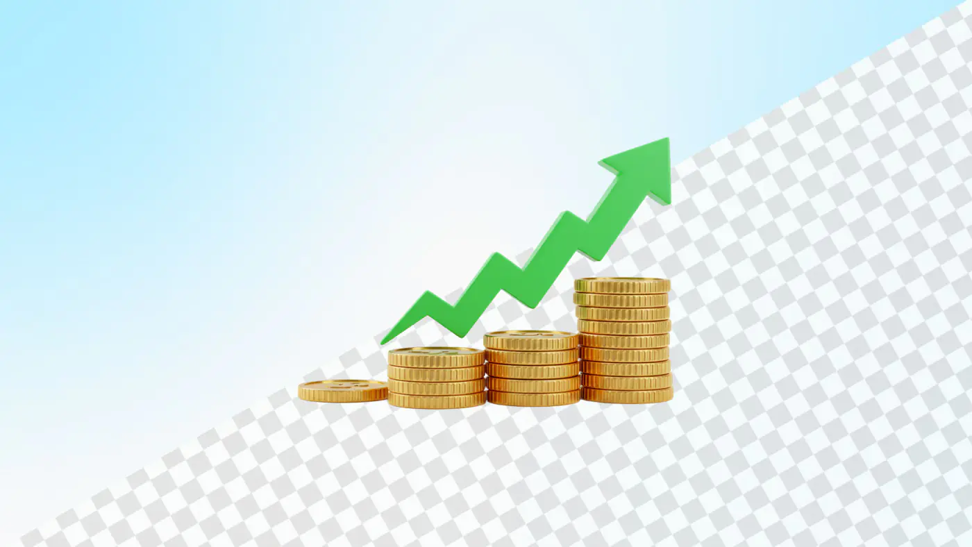 Rising green arrow over stacks gold coins