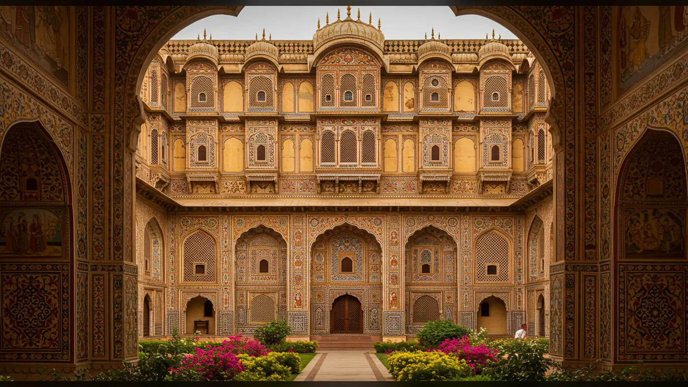 Intricate Courtyard of Indian Palace | Floral Rajput Architecture Frame