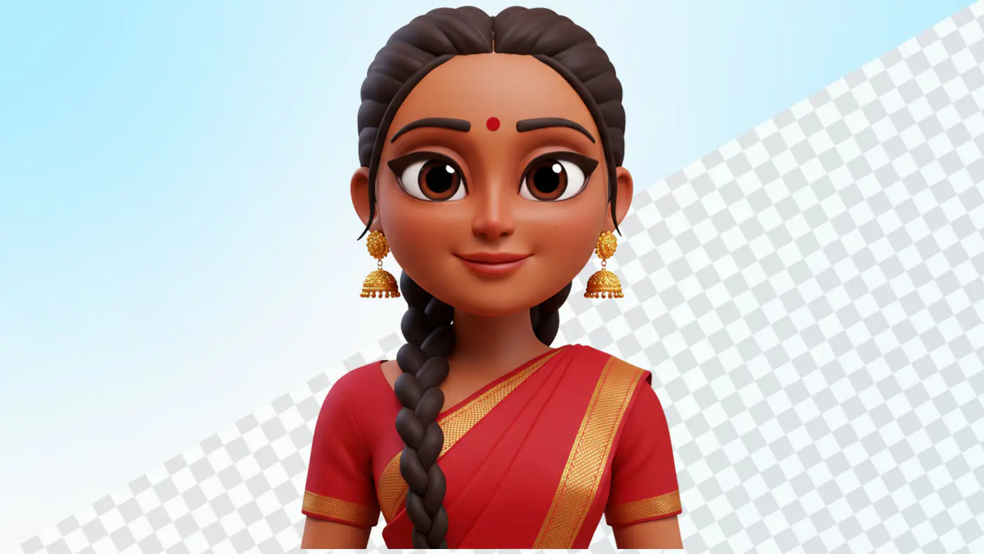 3D Indian woman avatar wearing traditional red saree