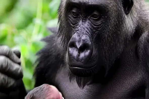 Mother Gorilla Tenderly Holding Newborn in Jungle