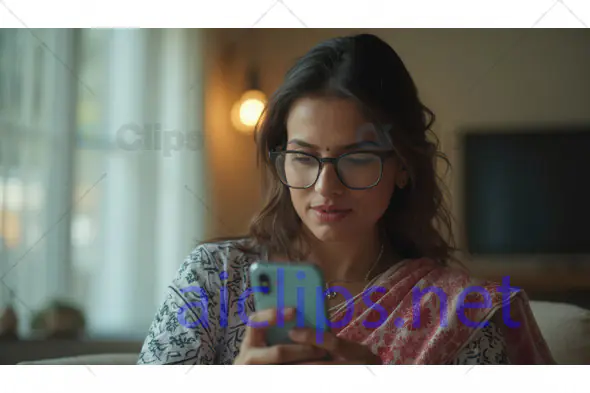 Woman in Saree Using Smartphone Indoors