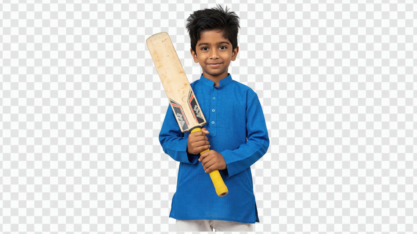 Young Cricket Enthusiast in Blue Kurta PNG