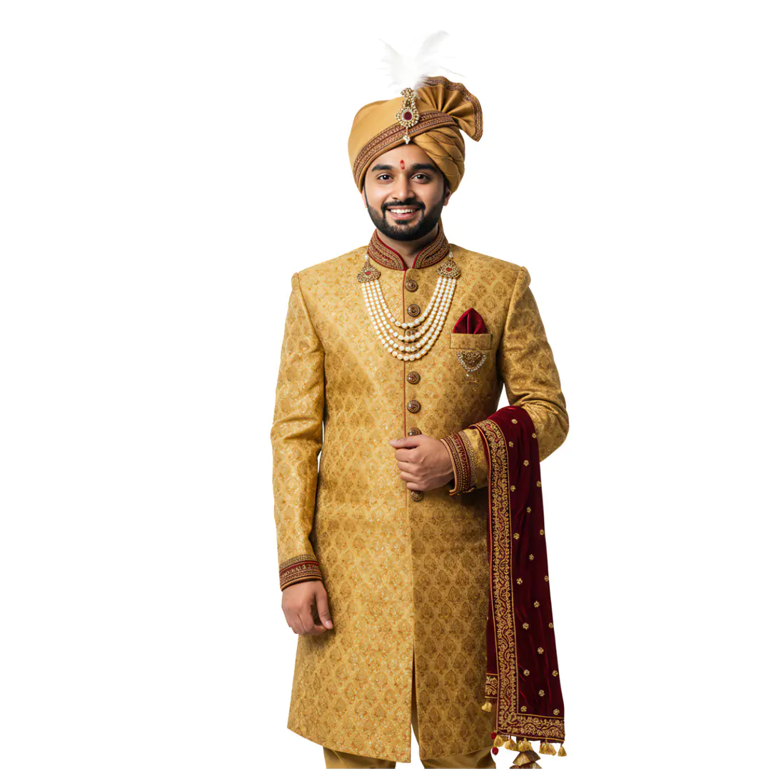 Traditional Indian Groom Attire Golden Sherwani PNG
