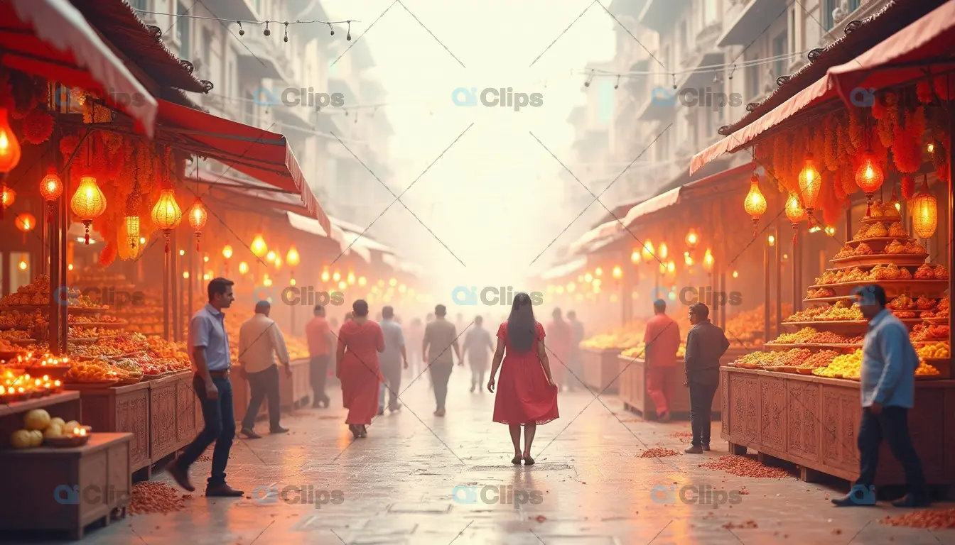 Bustling Indian Flower Market at Dawn with Warm Lanterns