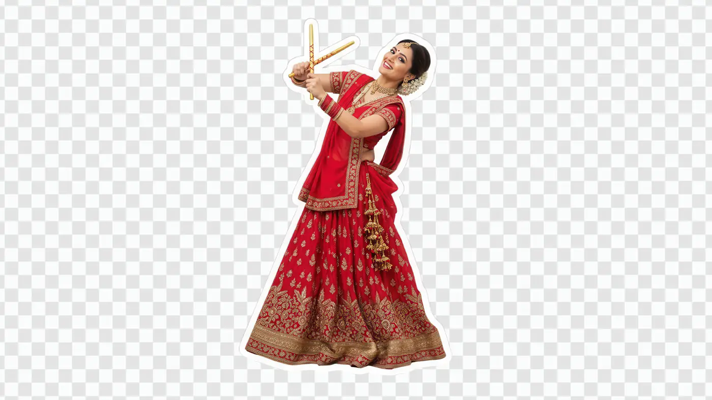 Joyous Indian Bride Dancing with Golden Dandiya Sticks