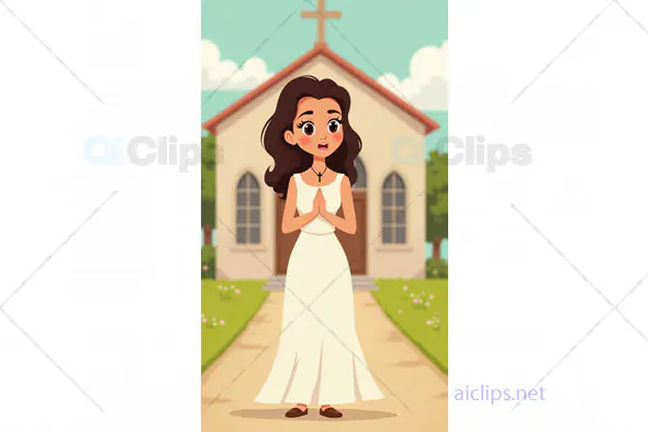 Cartoon Woman in White Dress Praying in Front of Church