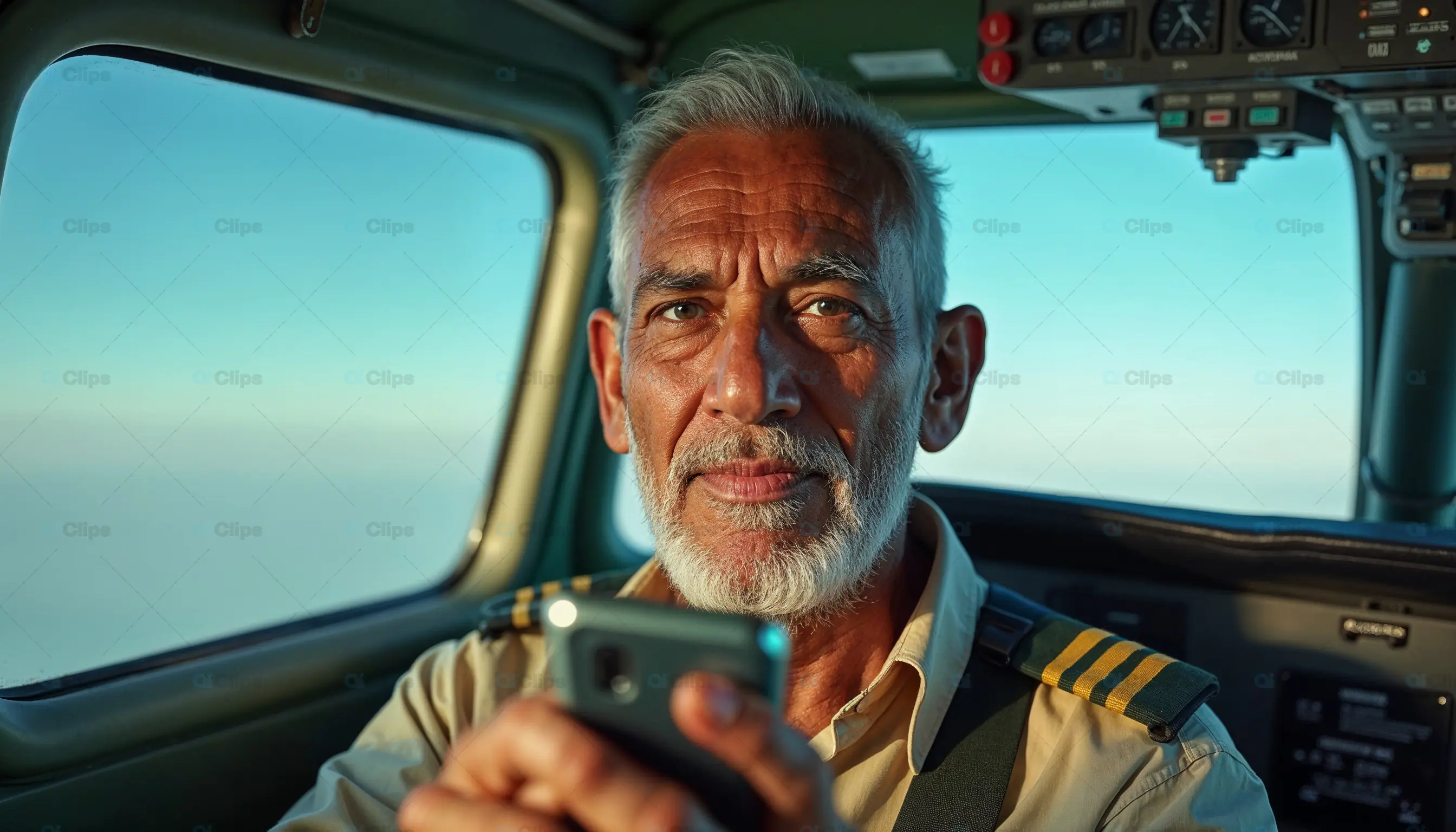 Experienced Pilot in Cockpit Holding Smartphone