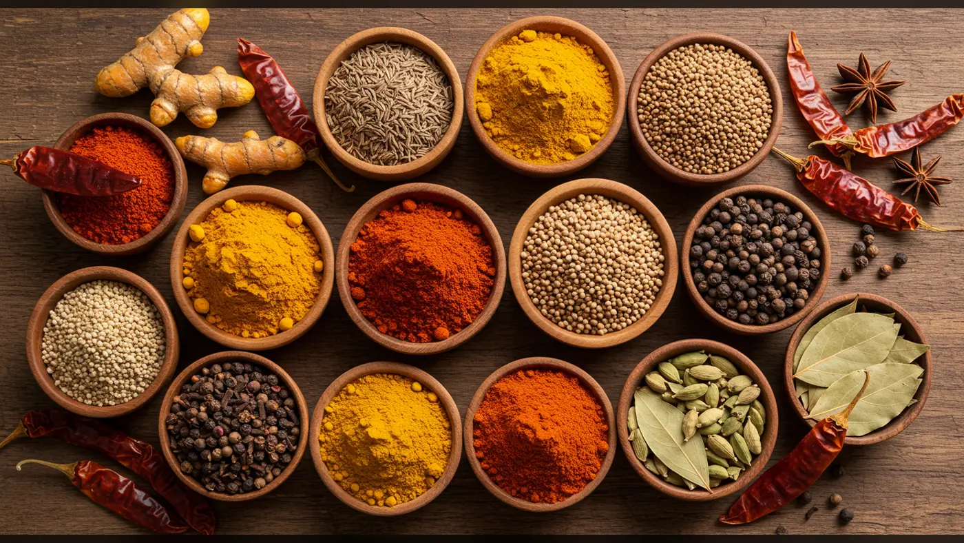 Top View of Assorted Indian Masala Spices in Wooden Bowls | Herbal & Culinary Collection | AIClips