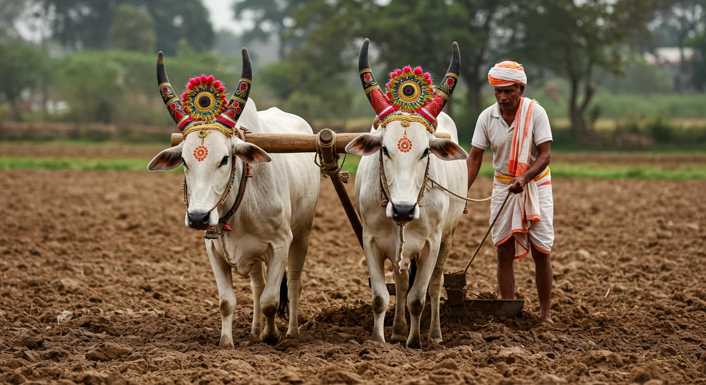Traditional Indian Farmer with Decorated Oxen Ploughing Field | Rural Culture | AIClips Background
