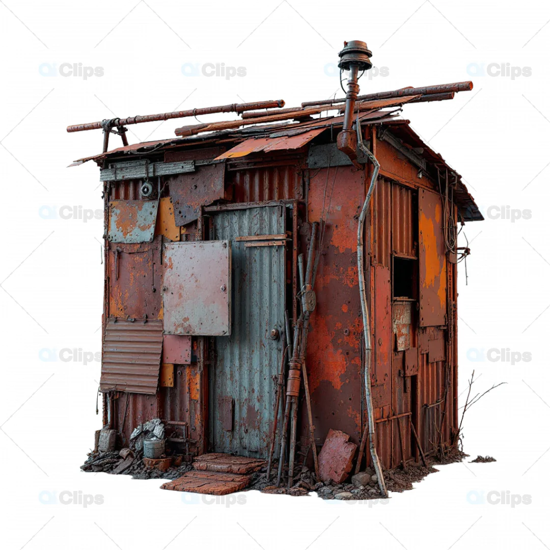 3D Rusted Shack with Patchwork Metal Panels