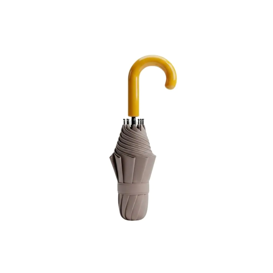Folded gray umbrella with yellow curved handle