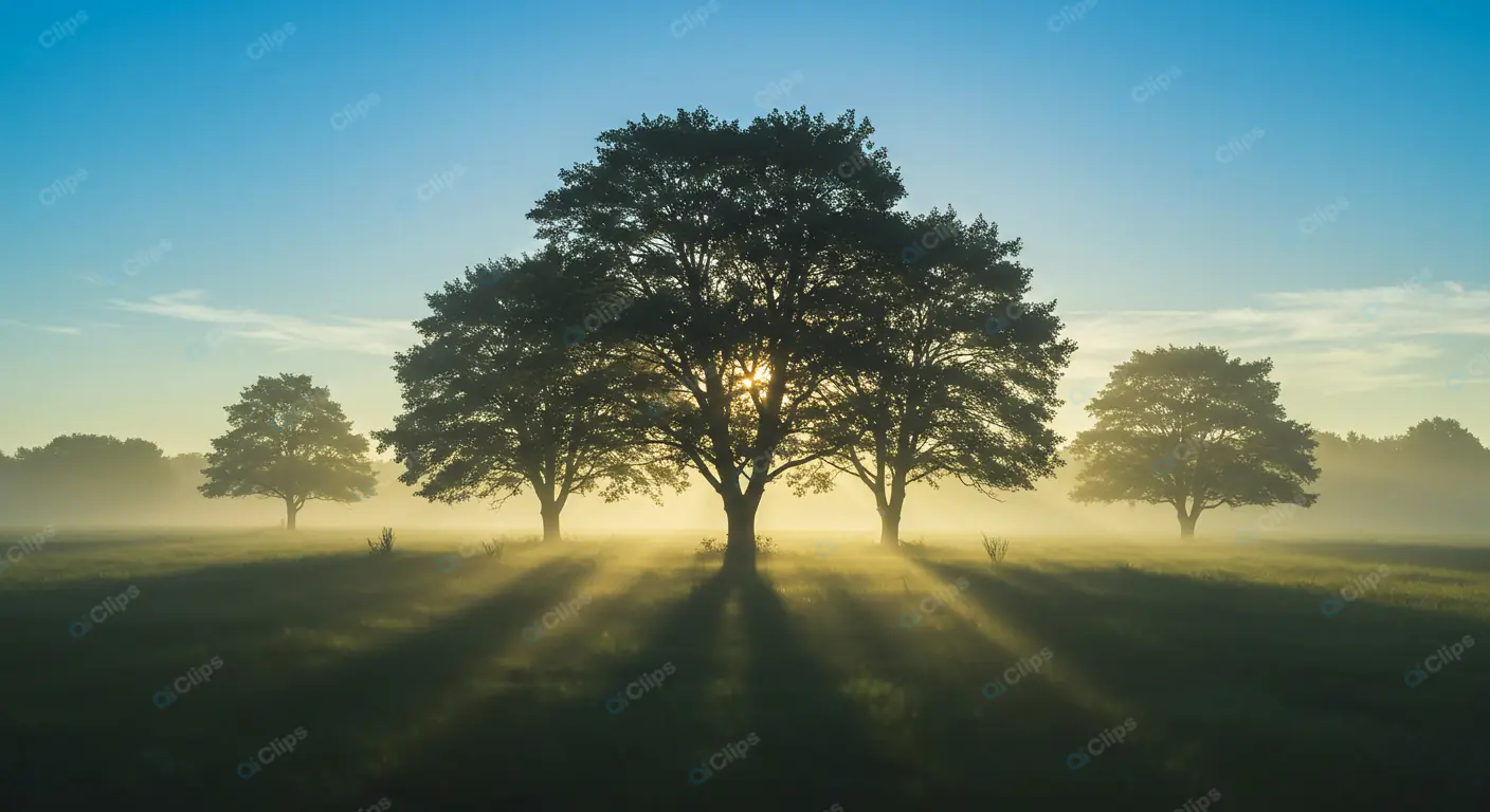 Misty Dawn Tree Silhouettes