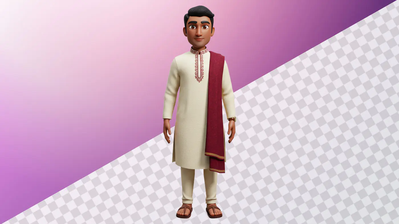 Enhanced 3D avatar young man traditional cream kurta maroon