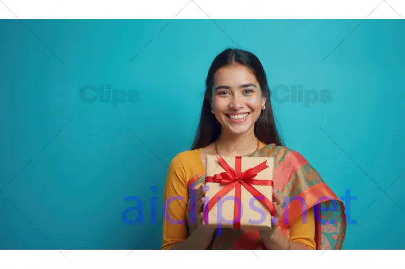 Smiling Woman in Traditional Saree Holding Gift