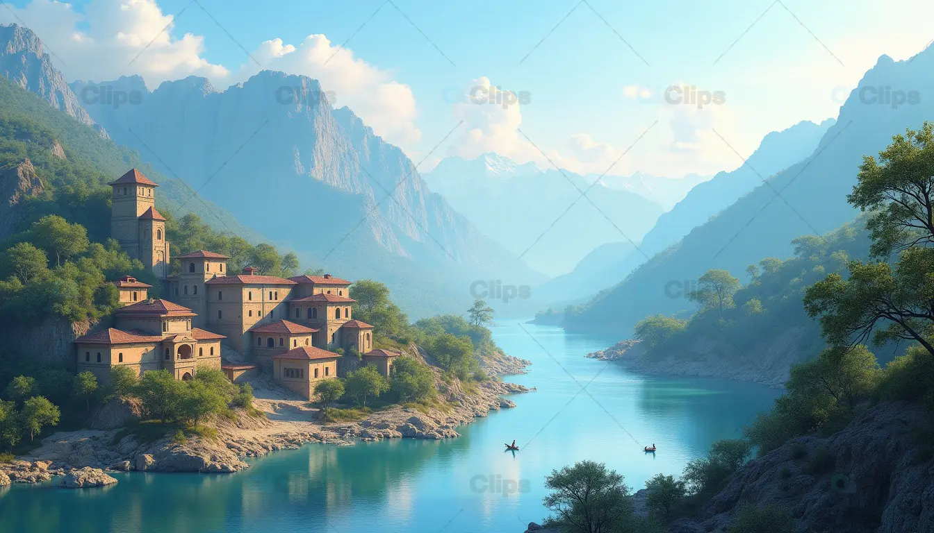 Idyllic Mountain Village by a Serene River