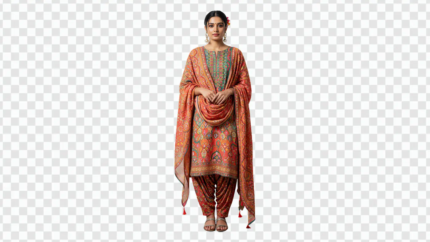 Elegant Woman in Colorful Patiala Suit PNG