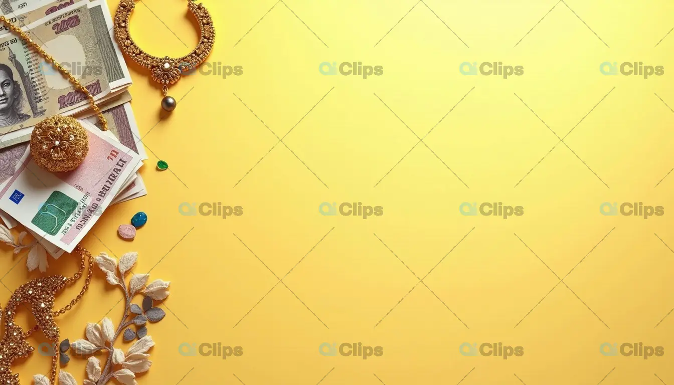 Indian Currency and Gold Jewelry on a Bright Yellow Background