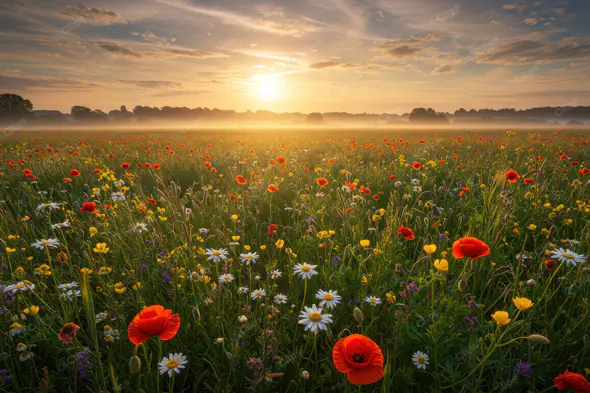 Misty Wildflower Meadow Sunrise