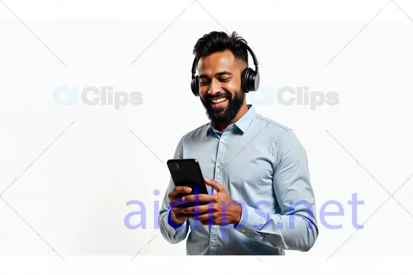 Smiling Man Using Smartphone with Headphones
