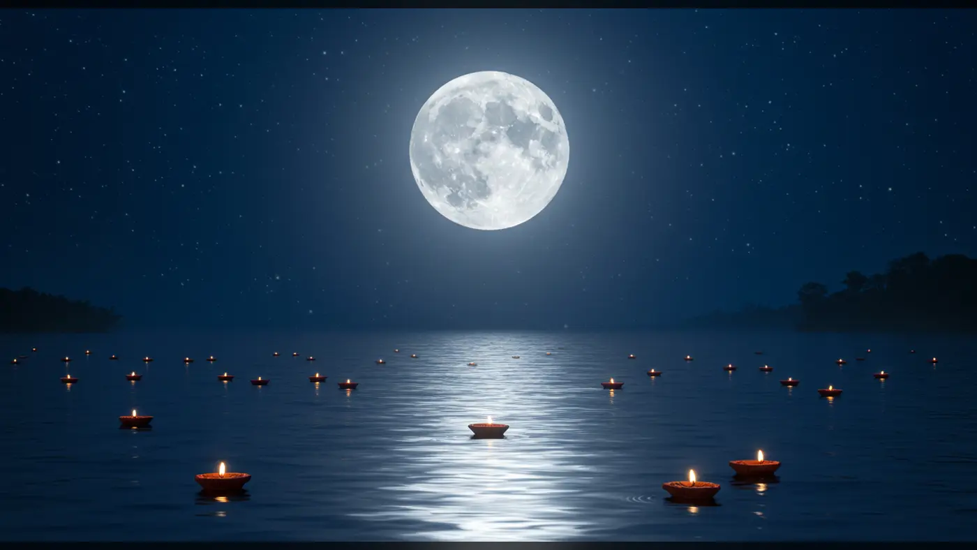 Surreal Full Moon River Diyas | AIClips Fantasy Devotional Background