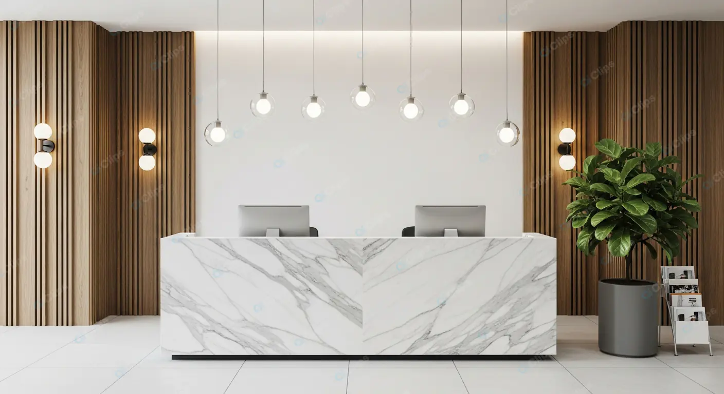 Marble Reception Desk with Pendant Lighting