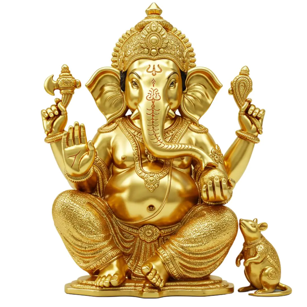 Golden Ganesha Statue with Devoted Mouse PNG