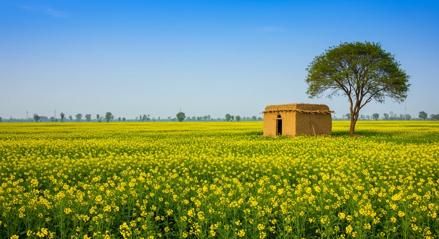 Mustard Flower Field with Mud House & Tree | Indian Rural Landscape by AIClips