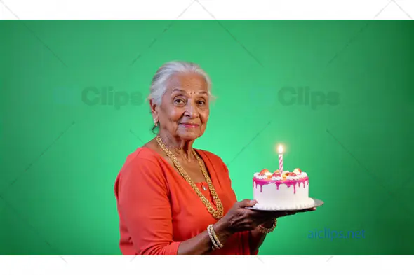 Elderly Woman with Birthday Cake and Candle