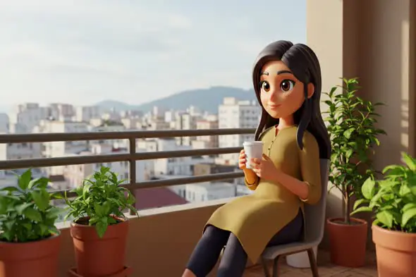 Animated Indian Woman on Urban Balcony