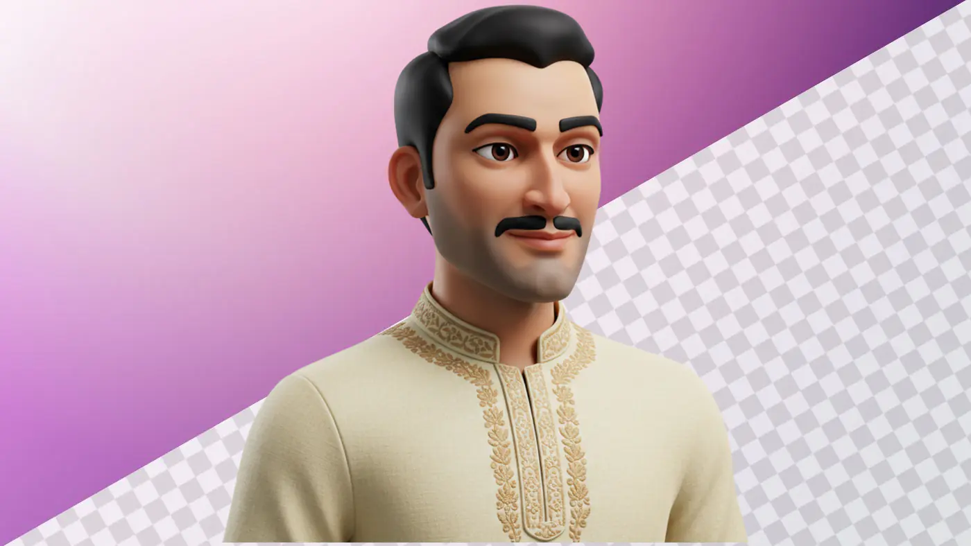 3D avatar Indian man traditional cream kurta mustache