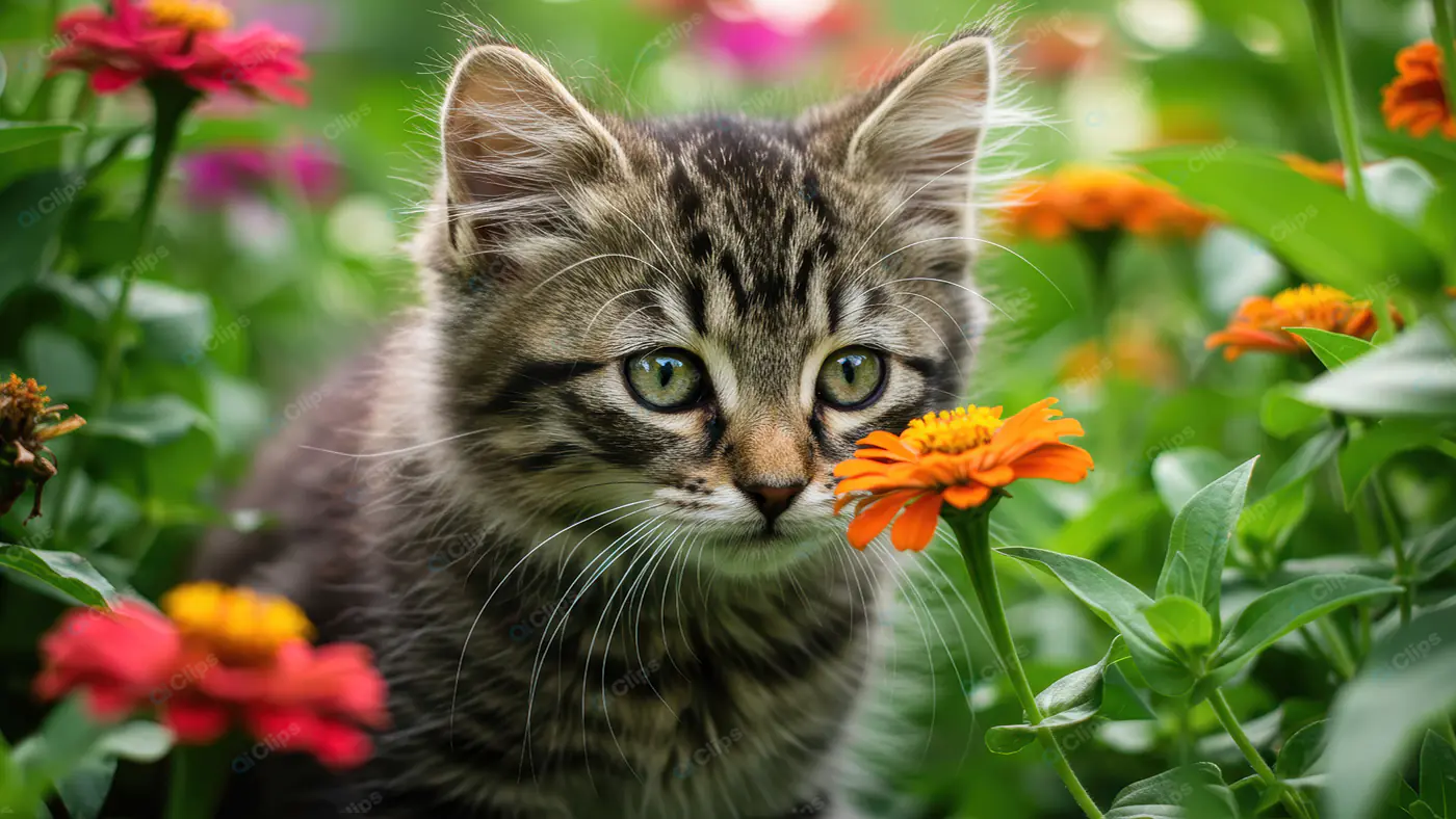Adorable Kitten in Colorful Garden