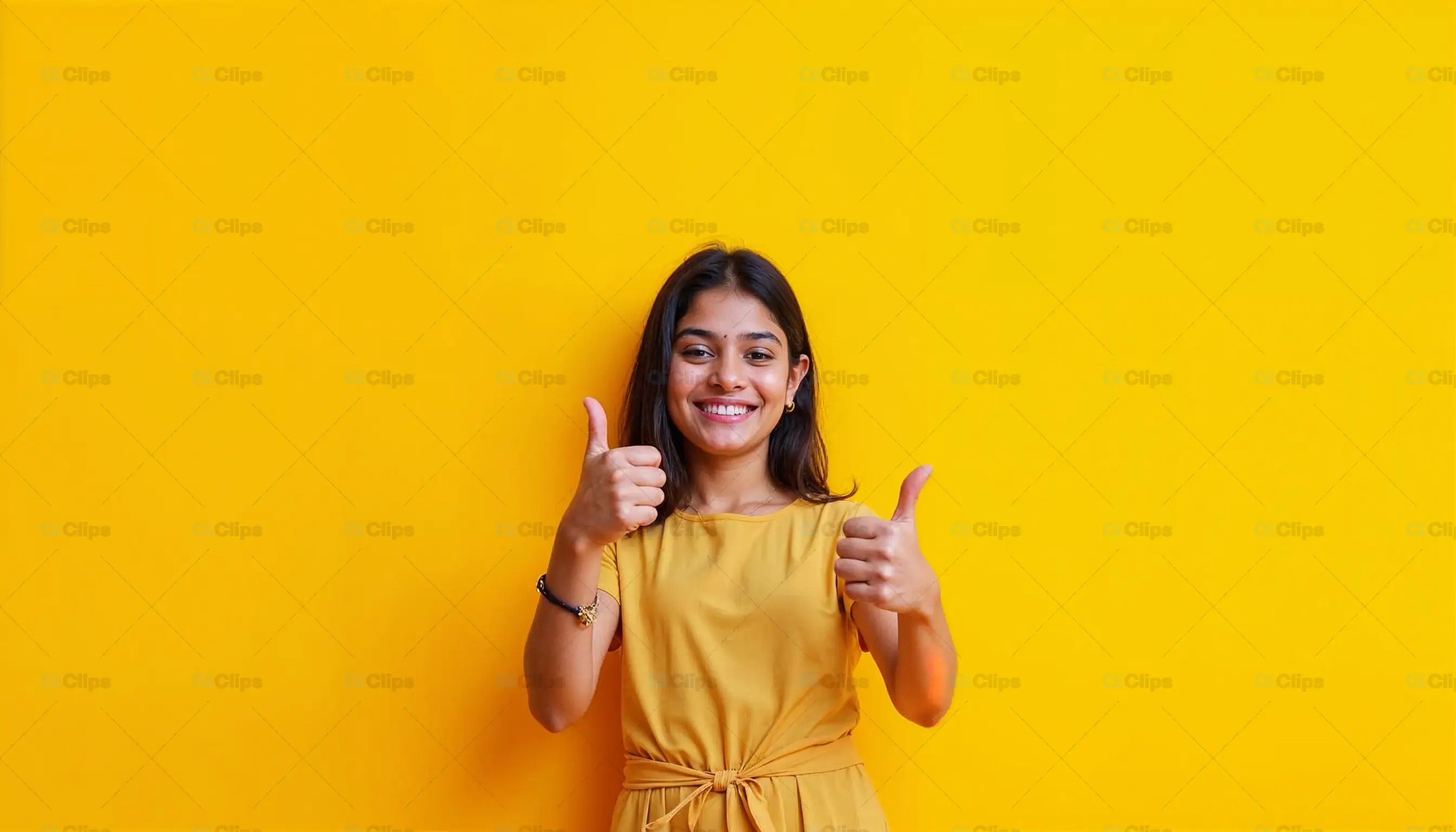 Smiling Woman Giving Thumbs Up on Yellow Background