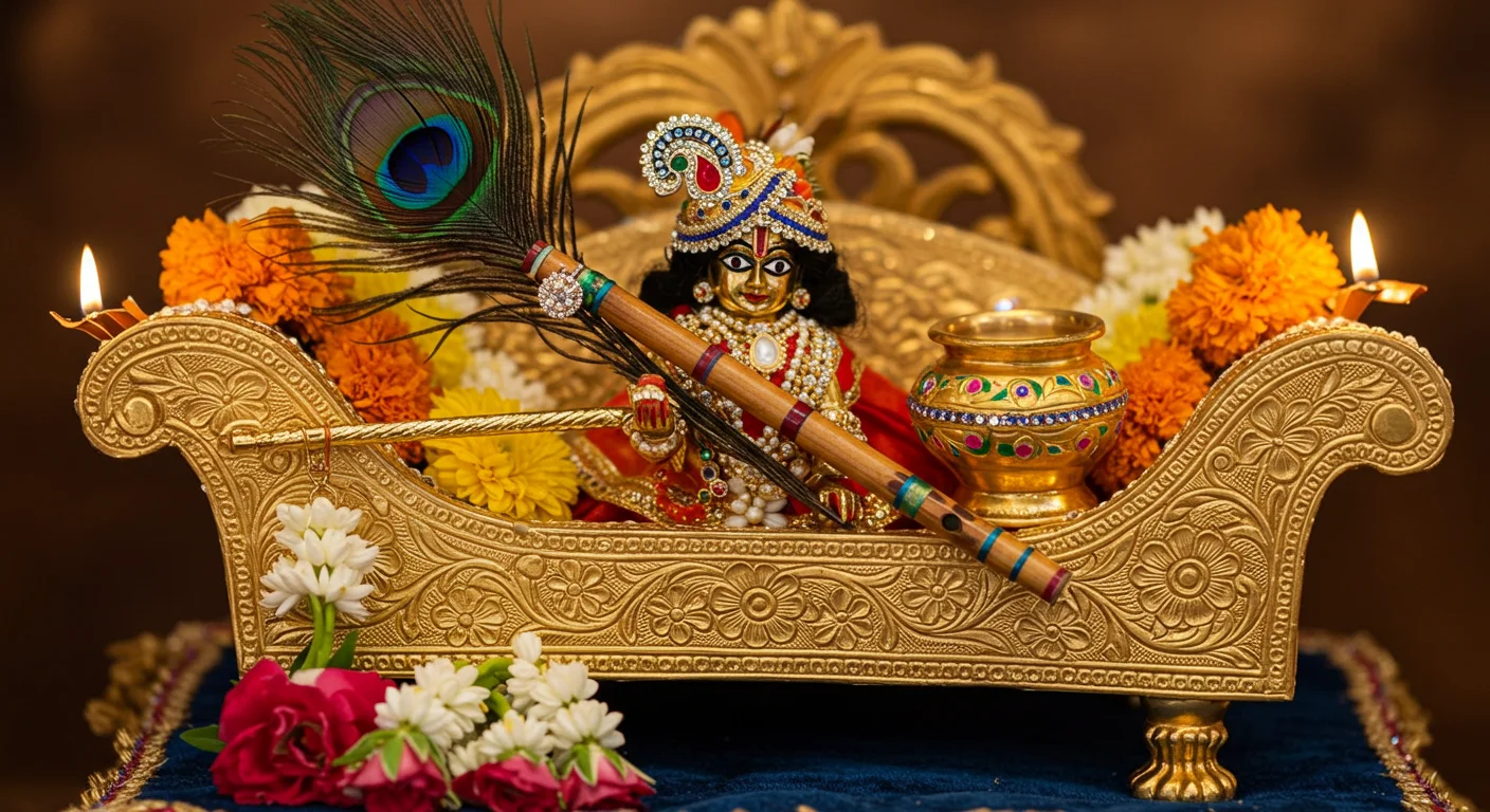 Baby Krishna in Golden Jhula with Decorative Flute and Kalash | AIClips Janmashtami Visual