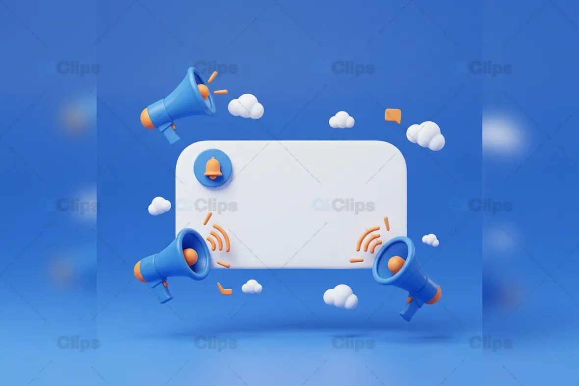 3D Notification Banner with Megaphones and Speech Bubbles