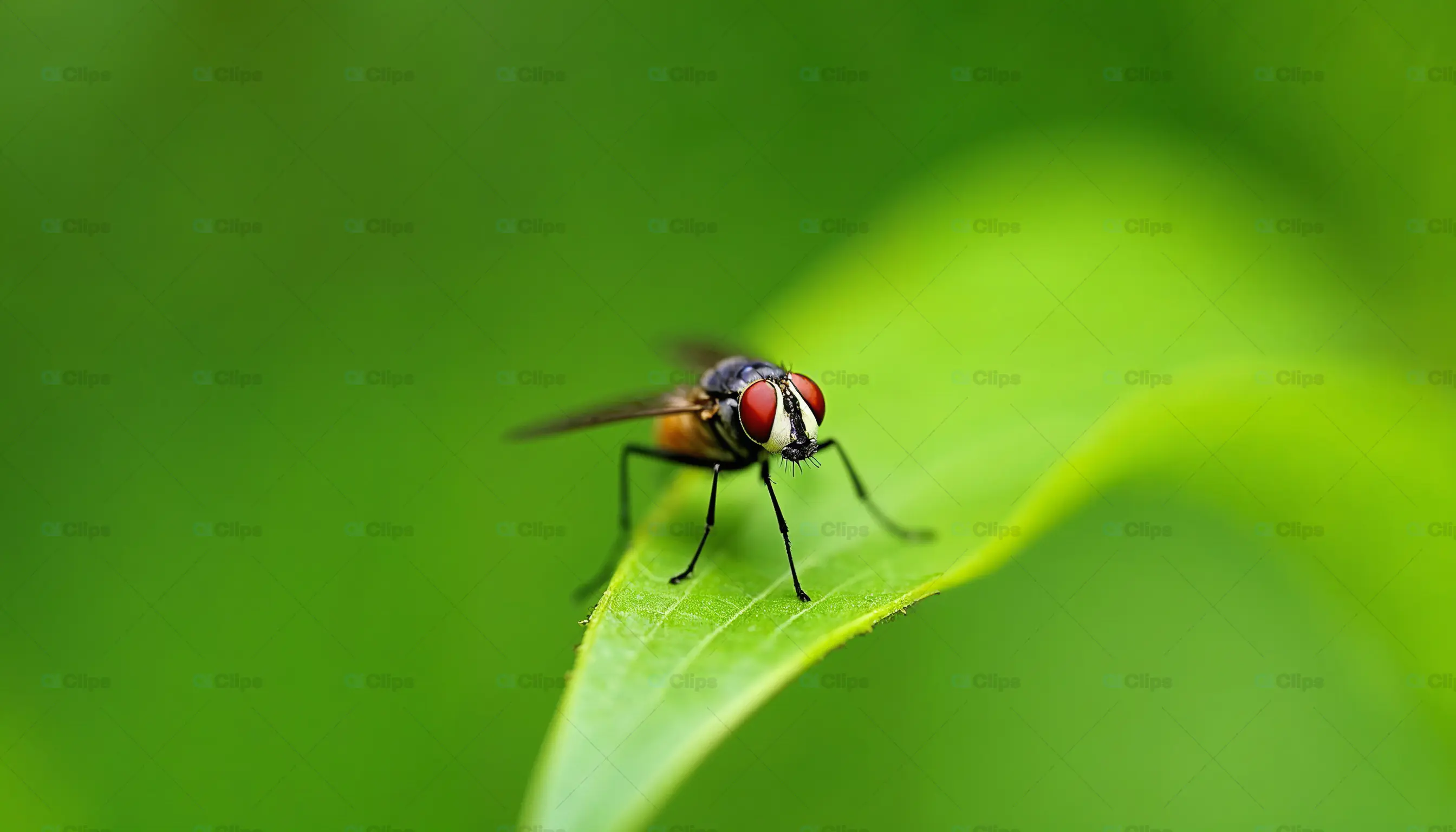 Close-Up of Fly on Green Leaf
