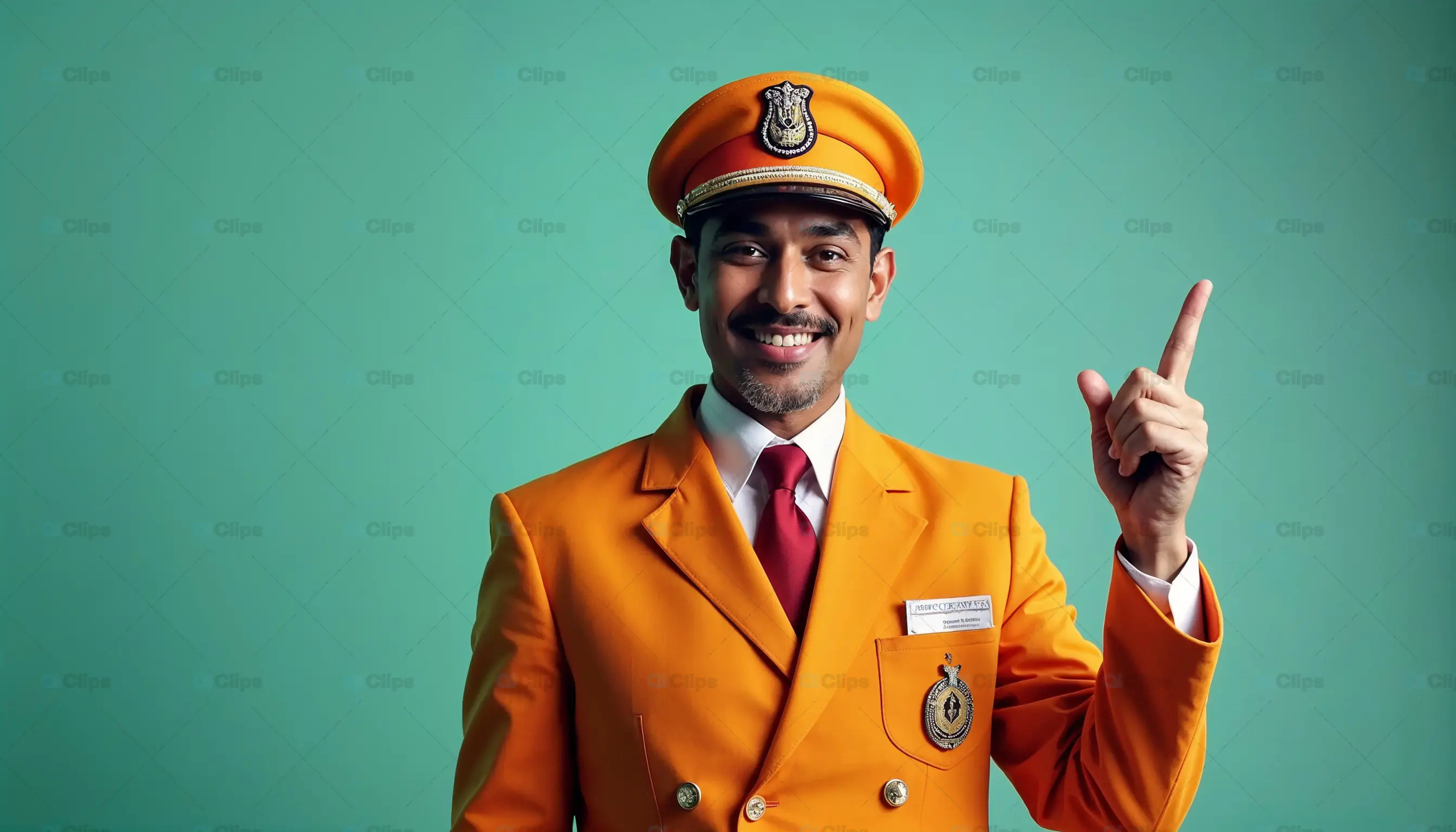 Smiling Man in Orange Uniform Pointing Upward