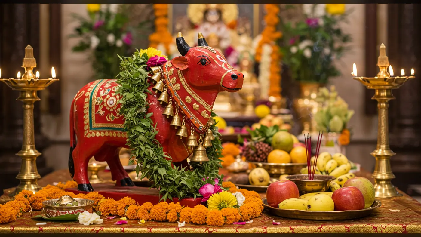 Nandi Bull Tulsi Garland Pooja Scene | AIClips Hindu Festival Background