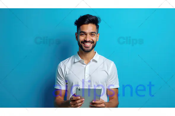 Smiling Man with Smartphone and Tablet