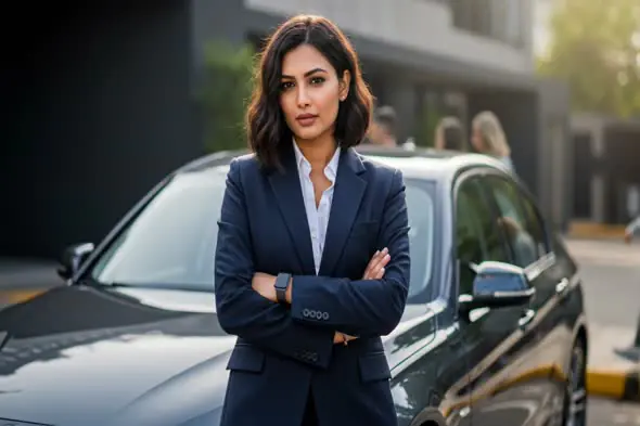 Confident Executive Posing By Luxury Car