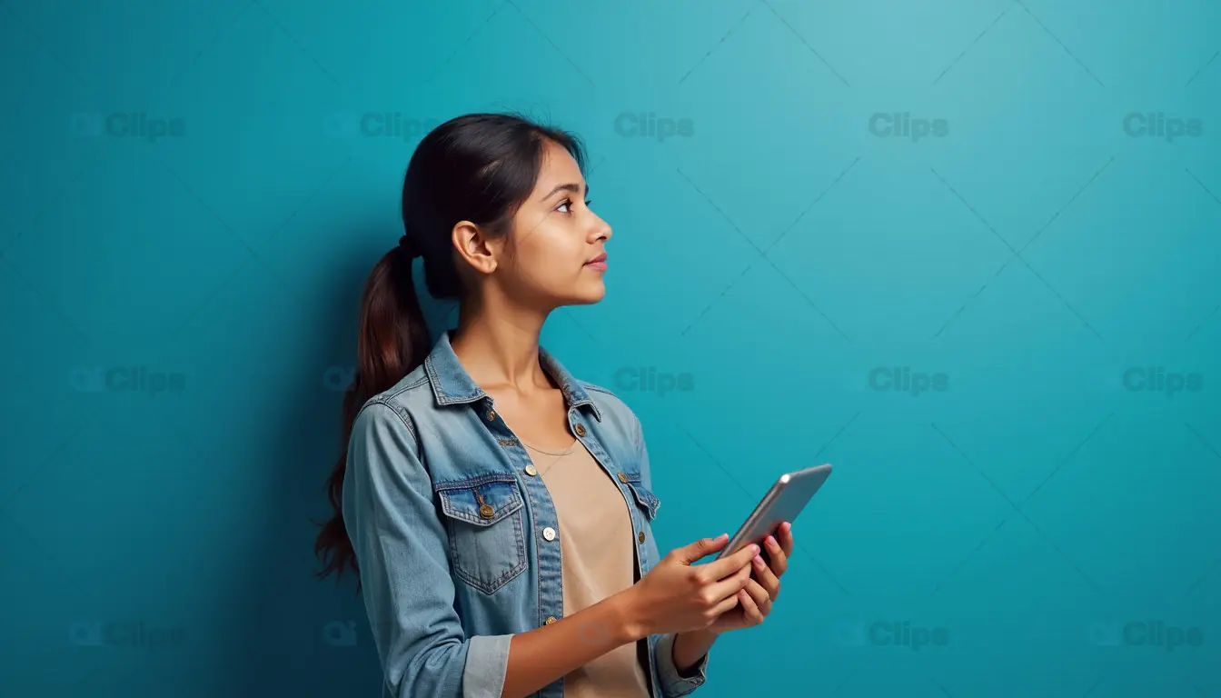 Young Woman with Phone Against Teal Background