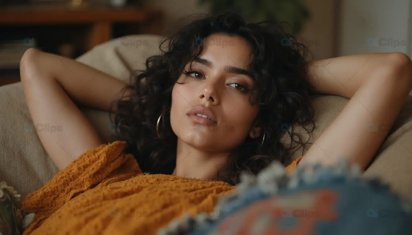 Relaxed Woman with Natural Curly Hair on Sofa