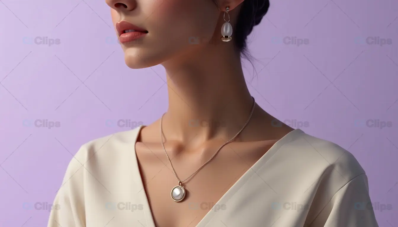 Close-up of Elegant Woman Wearing Pearl Pendant Necklace and Earrings