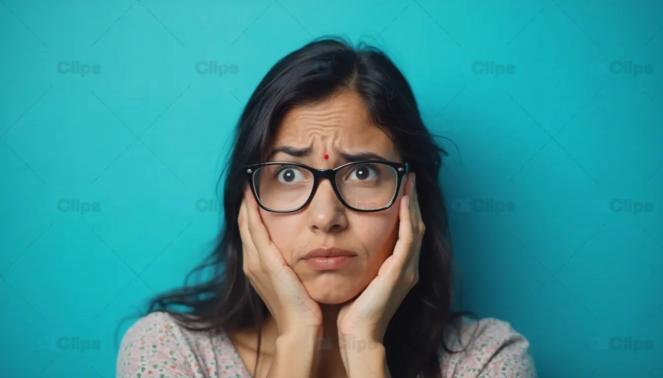Worried Woman with Glasses Holding Face