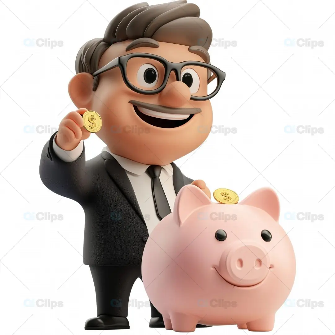 Smiling Businessman 3D Avatar with Piggy Bank