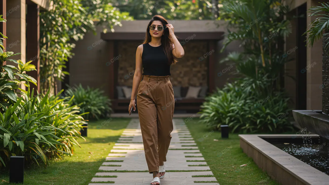 Stylish Stroll in Tropical Courtyard